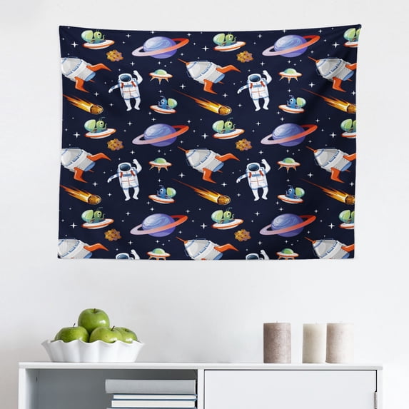 Alien Tapestry, Happy Birthday Typography with Funny Monster, Fabric Wall Hanging Decor for Bedroom Living Room Dorm, 2 Sizes, Multicolor, by Ambesonne