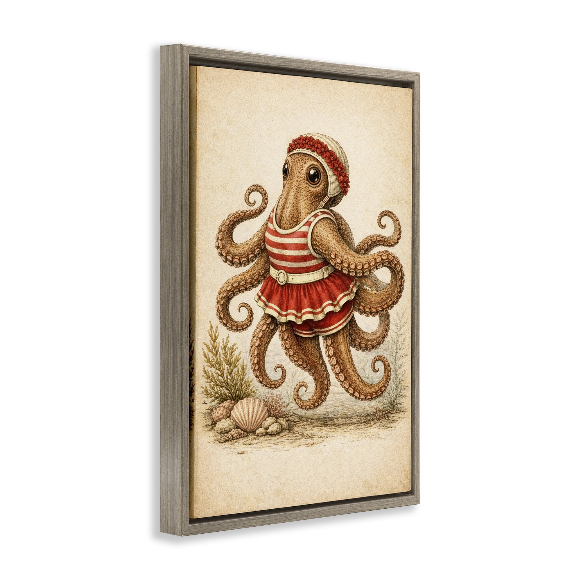 Stupell Industries Octopus of Maritime Bathing Society Brown Framed Floater Canvas Wall Art, design by Grotto Studios