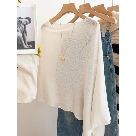 Women Loose Fit Poncho Sweater Asymmetric Hem Wide Sleeve Knit Cover Up for Summer Beach Vacation Daily Outfits