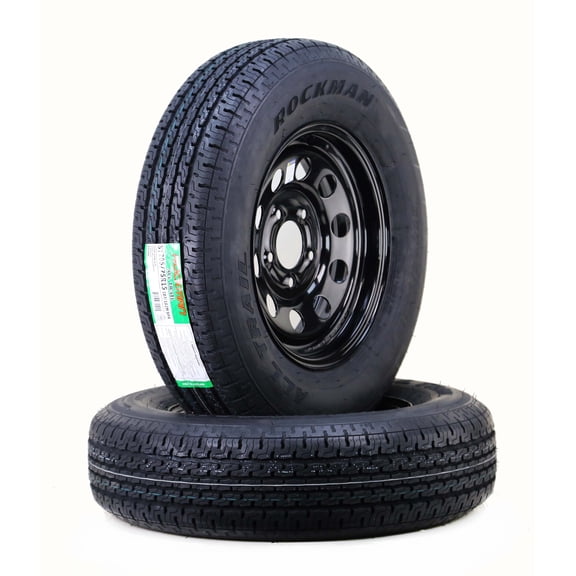 ROCKMAN Trailer Tire Wheel Assembly ST205/75R15 8-Ply D 107M 5 Lug on 4.5" PCD Black Mod Rim ,SET 2