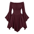 thumbnail image 3 of Women Above Knee Dress Long Flared Sleeve Off Shoulder Strapless Solid Color Smocked Waist Dress(WineM), 3 of 6