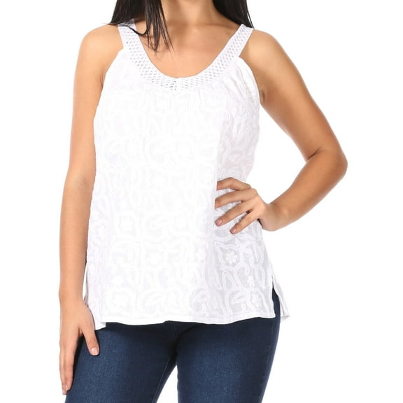 Sakkas Soffe Women's Casual Summer Sleeveless Floral Cotton Tank Top Blouse Light - White - M