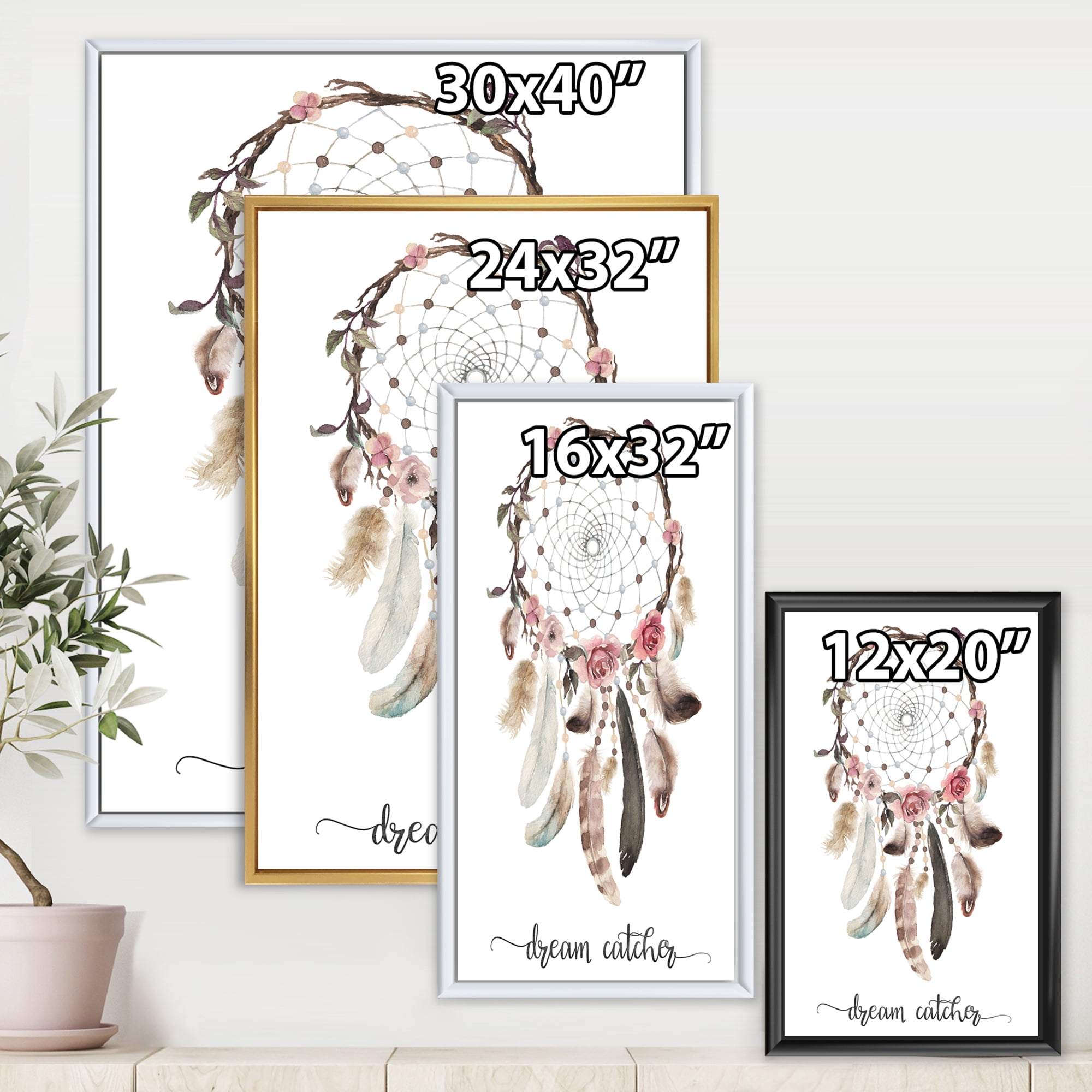 Designart 'Dream Catcher Made With Ethnic Feathers' Bohemian & Eclectic Framed Canvas Wall Art Print