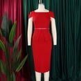thumbnail image 4 of AURA Womens Square Neck High Waist Bodycon Midi Pencil Dress Short Sleeve Solid Color With Belt, 4 of 10