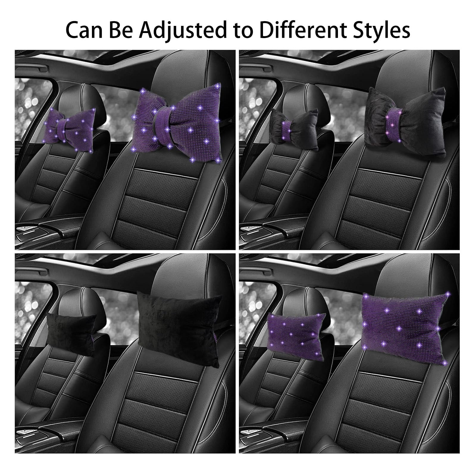 Chasenew 2 PCS Bling Bowknot Car Headrest Pillow, Rhinestone Car Neck Pillows for Driving, Bling Interior Accessories for Women Comfortable Neck Support Pillow(Purple)