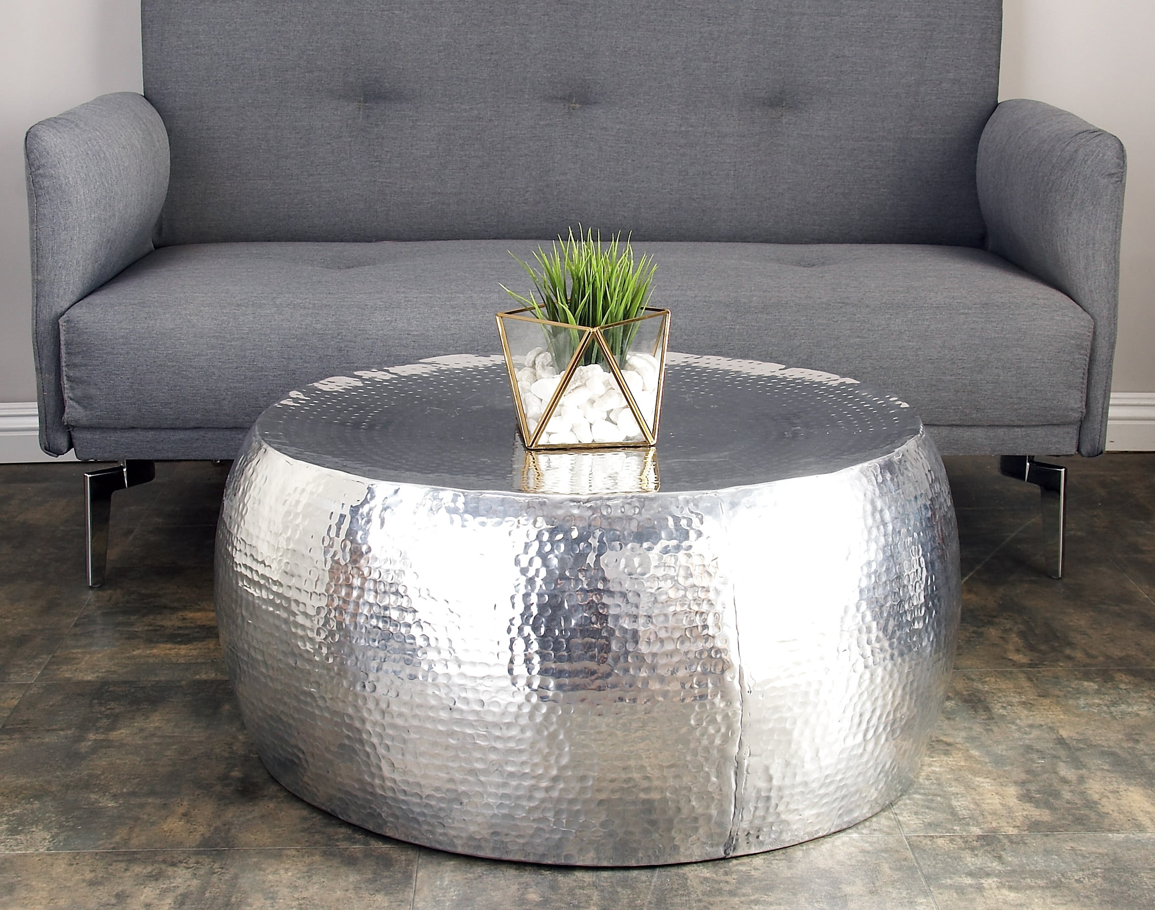 30 Inch Silver Aluminum Drum Shaped, 30 Inch Round Coffee Table With Storage