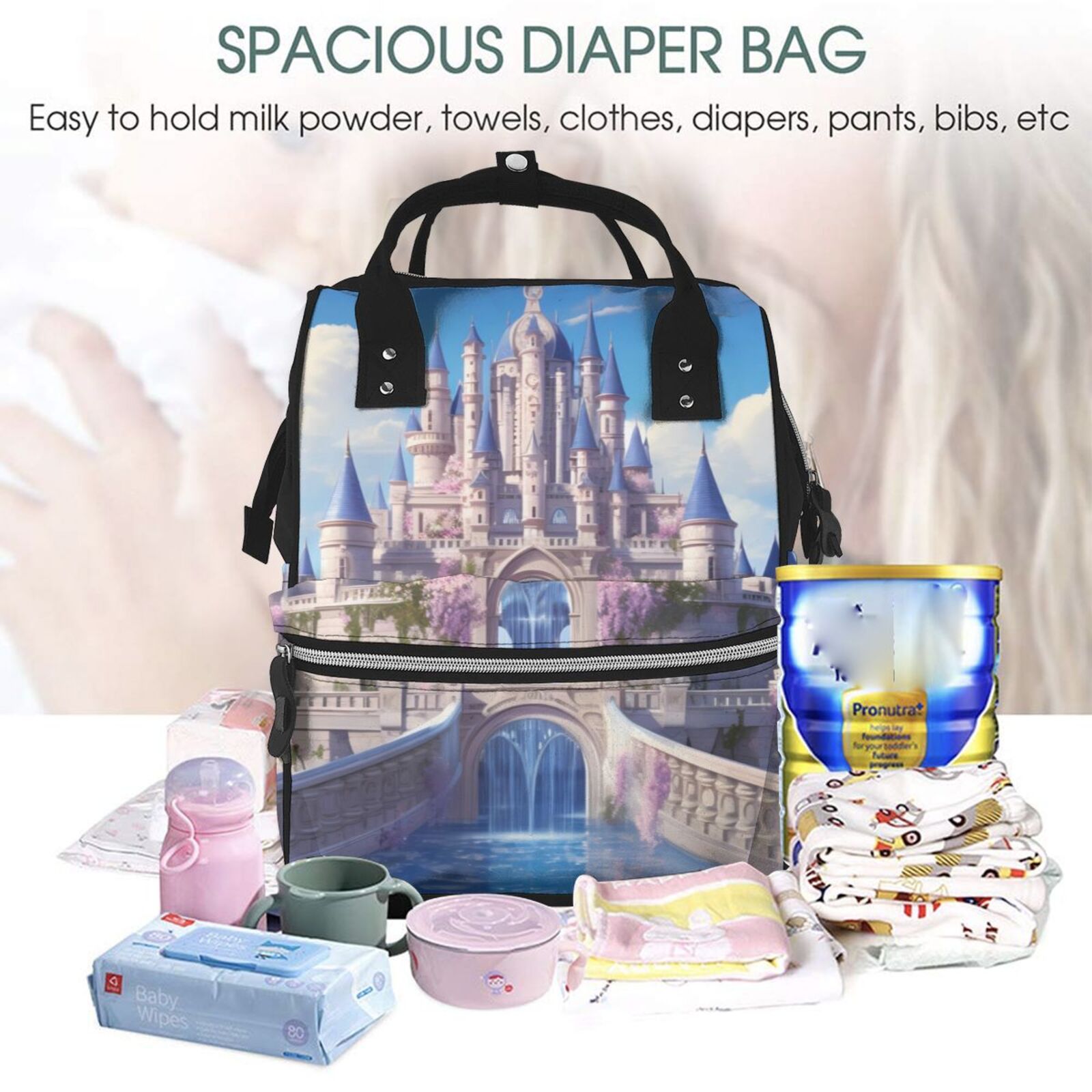 Fuzoiu Majestic Fantasy Castle Print Diaper Bag Backpack,Baby Essentials Travel Tote,Multi function Waterproof Diaper Bag, Travel Essentials Baby Bag - Unisex