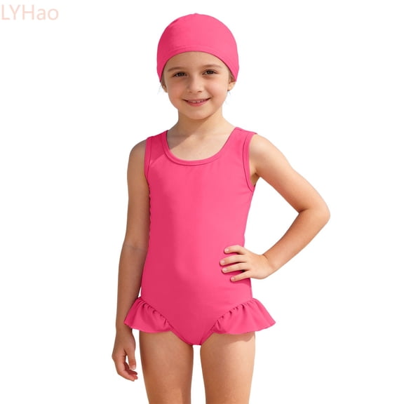LYHao Solid Color Swimsuit With Matching Cap For Girls Comfortable Swimwear,One-Piece Bathing Suit 3-4 Years Pink