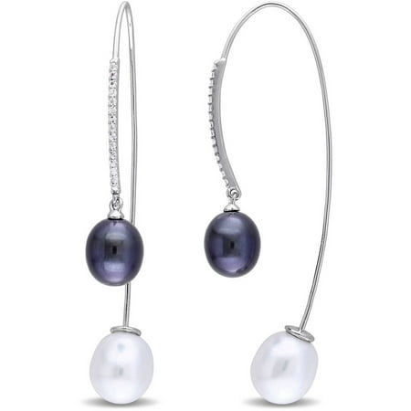 8-10mm Black and White Round Cultured Freshwater Pearl and 3/5 Carat T.G.W. White Topaz Sterling Silver Threader Earrings