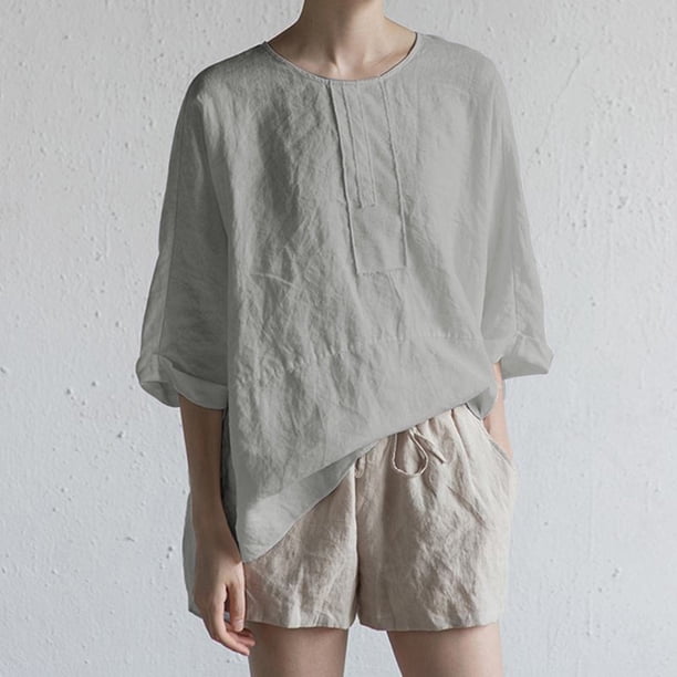 Blusa vintage de lino y algod贸n de verano para mujer, camiseta de media manga con cuello redondo Eccomum Gris/4X-grande