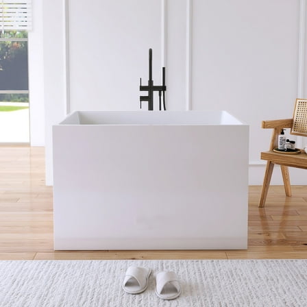 MEDUNJESS 39"×28" Freestanding Soaking Acrylic Bathtub, Rectangular-Shape Soaking Hot Tub with Built-in Seat and Drain, White