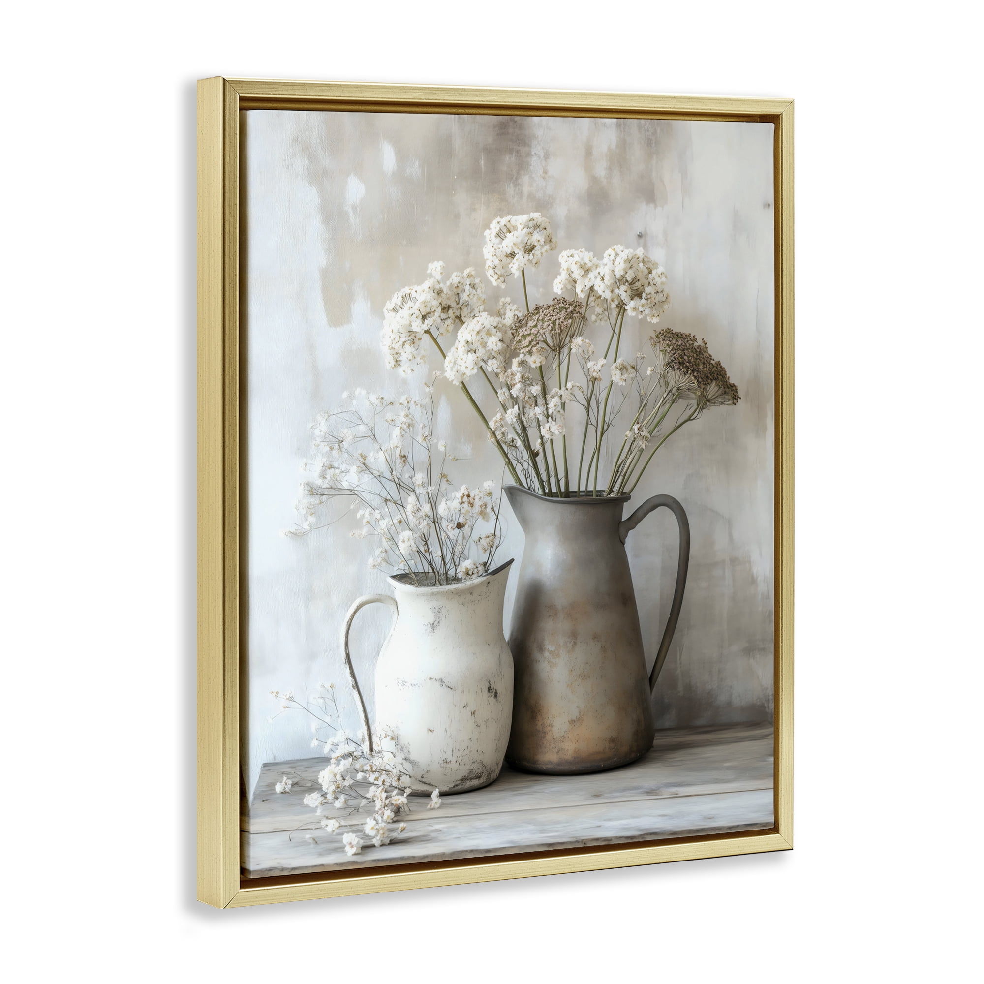 Stupell Industries Rustic Flower Arrangement in Pitchers Gold Framed Floater Canvas Wall Art, design by Creative Studio