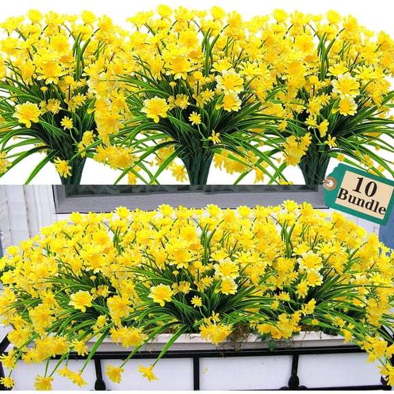 Viworld 10 Bundles Outdoor Artificial Daisy Fake Flowers UV Resistant Plants, Faux Plastic Greenery for Indoor Hanging Plants Garden Porch Window Box Home Wedding Farmhouse Decor (Yellow)