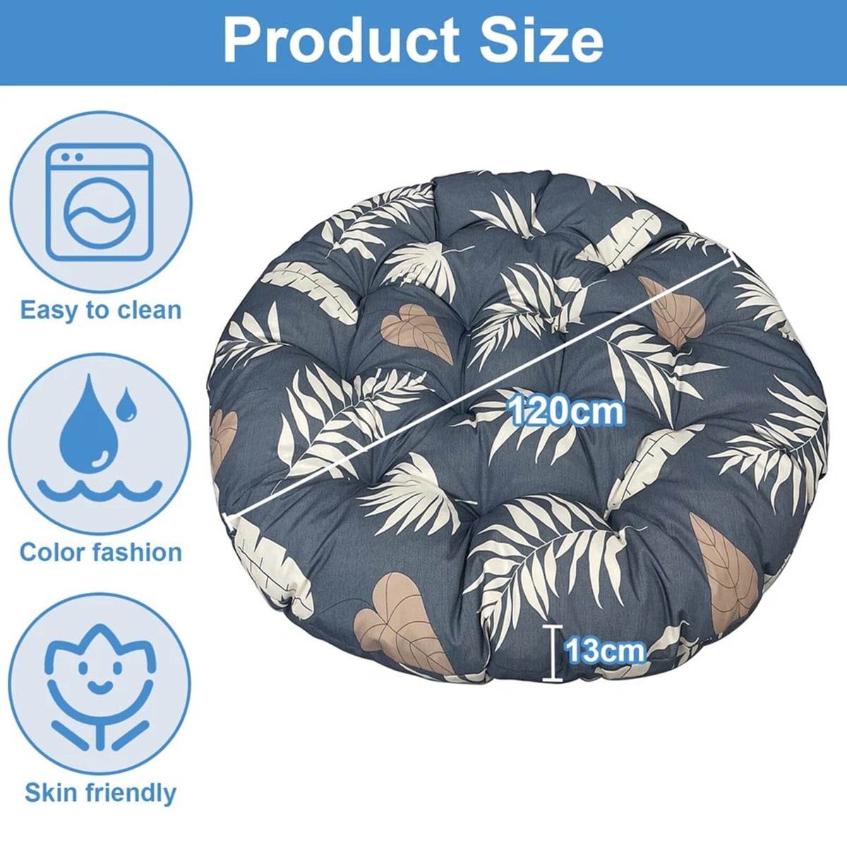 Eurhowing 48 Inch Papasan Cushion Replacement, 5" Thick Water-Resistant Round Cushion, Outdoor Patio Swing Papasan Chair Pad, Gray Leaves