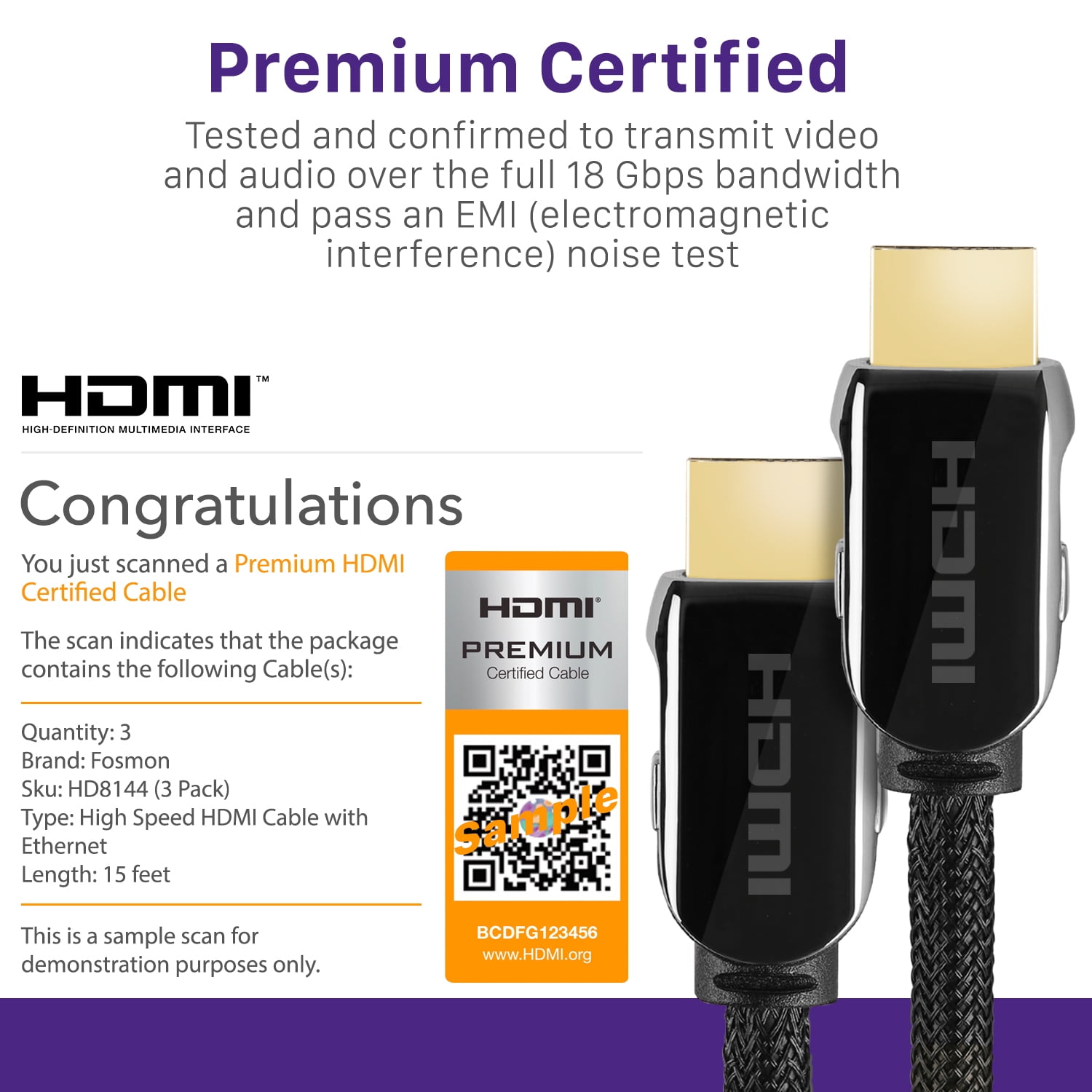 Fosmon 3x HDMI Cable 15FT HDMI Cord, Premium High Speed HDMI Cable with Ethernet 4K@60Hz 30AWG In-Wall CL3 Rated HDMI to HDMI Cable for TV PS5 Xbox