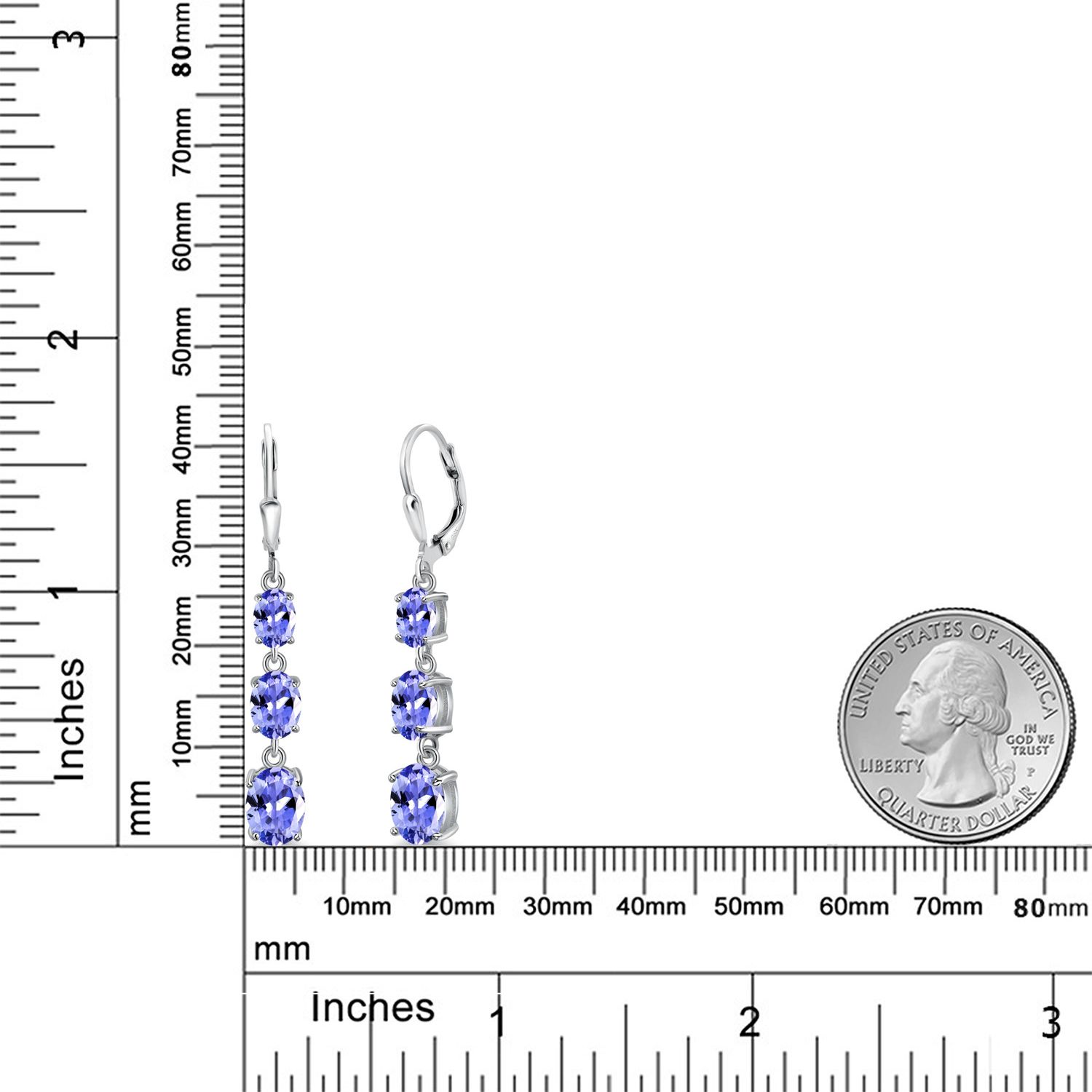 Gem Stone King 925 Sterling Silver Blue Tanzanite 3 Stone Dangle Earrings for Women (4.72 Cttw, Gemstone December Birthstone, Oval 8X6MM, 7X5MM and 6X4MM)