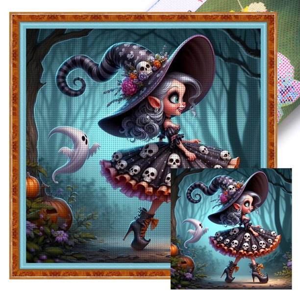 Kit Punto Cruz Bruja Impreso Hilo Algodón Ecológico Bordado 11CT 40x40cm