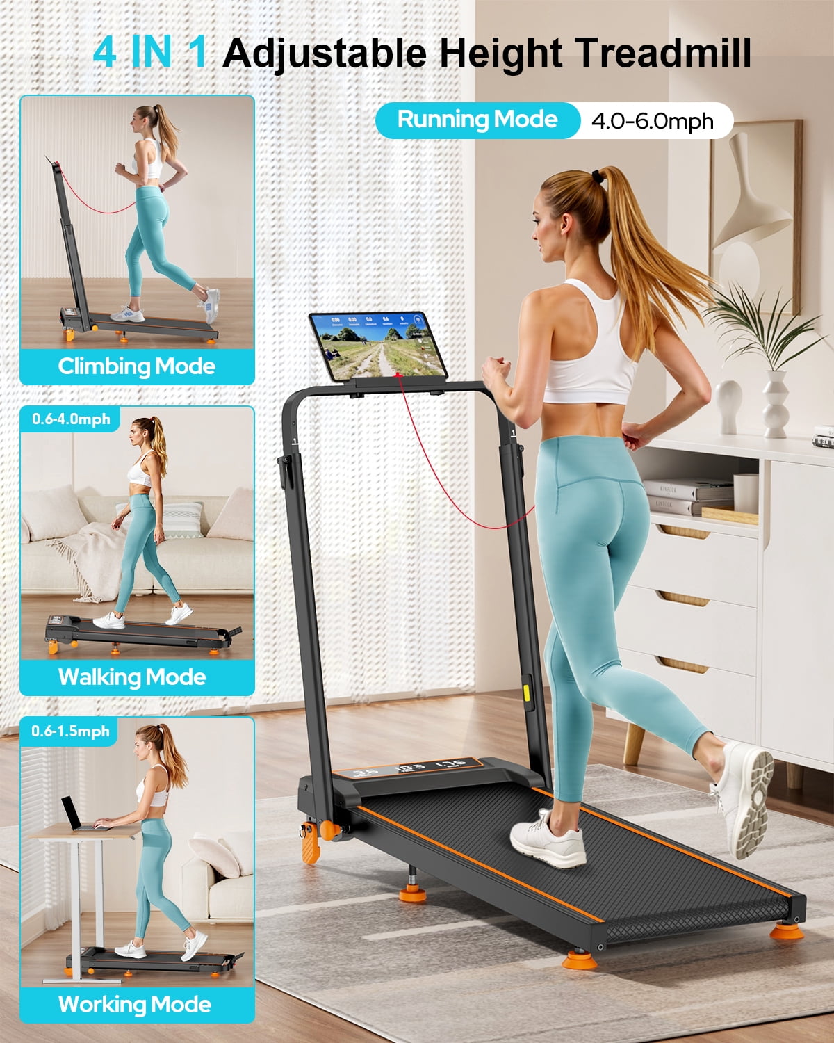 Walking Pad with 12% Incline/Adjustable Height, Upgraded 3.5HP Walking Pad with Handle Bar, 4 in 1 Foldable Under Desk Treadmill, Electric Portable Treadmills for Home 350LBS, LED Display