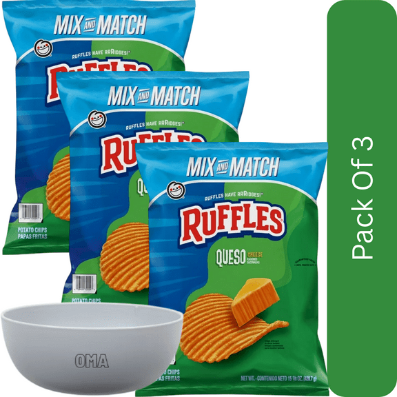 Ruffles Queso Cheese Flavored Potato Chips, 15.125 oz-3pk,With Olive Green Bowl By OMA
