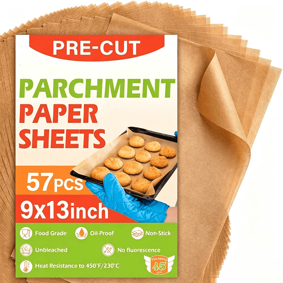 57PCS-Baking Parchment Paper, 9x13 Inch Pre-Cut Baking Parchment Paper for Baking, Grilling, Air Fryer, Steaming, Unbleached Non-Stick Parchment Paper for Bread, Cupcakes, Cookies