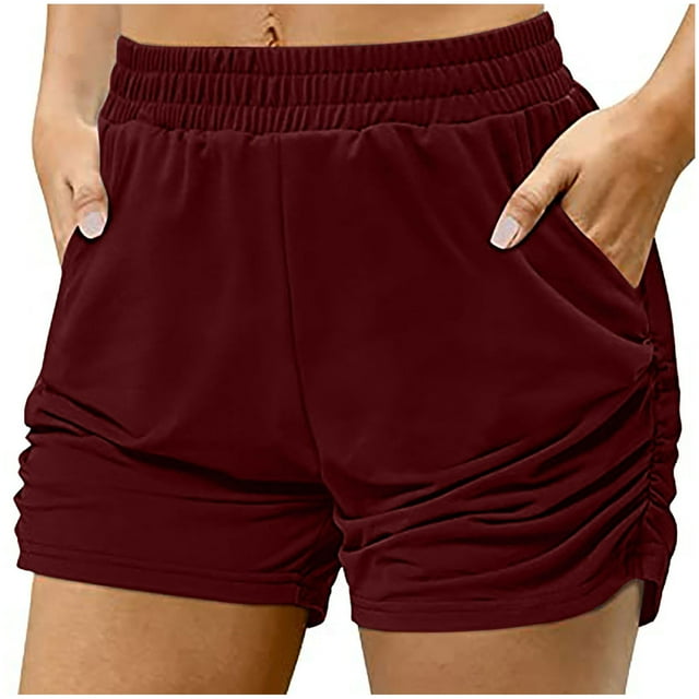 Timegard Womens Sweatshorts Plus Size Elastic Waisted Side Ruched Athletic Workout Gym Shorts with Pockets
