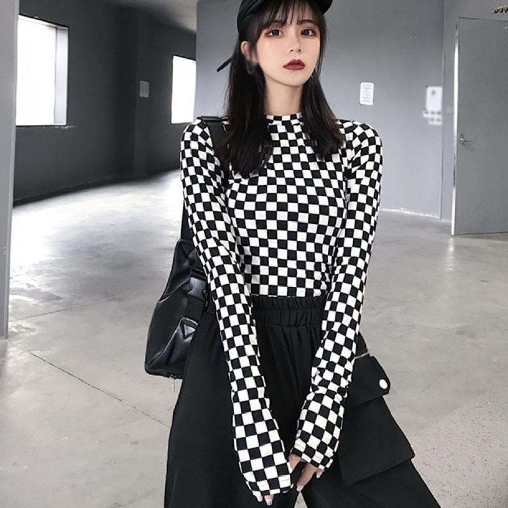 ZEROFEEL Women's Black And White Plaid T-shirt Spring And Autumn Korean  Slim Stretch Small Plaid Bottom Shirt Long Sleeve T-shirt Top - Walmart.com