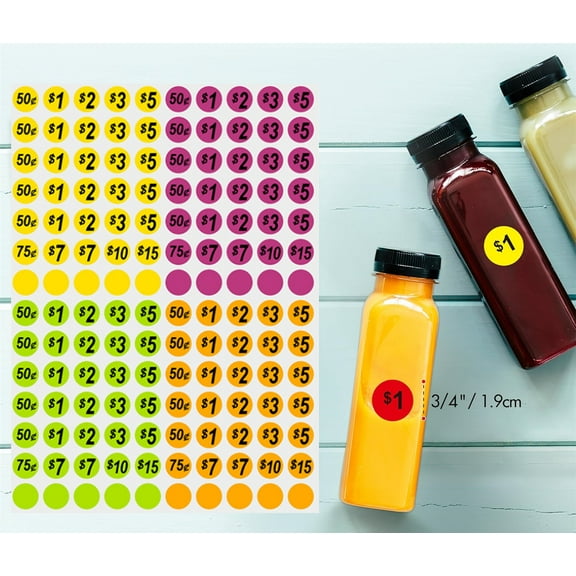 Artrylin 1400 Pcs Pre-Priced Pricing Stickers, Sale Labels in 4 Bright Colors (Yellow/Purple/Green/Yellow), Price Tag Stickers for Yard/Garage Sale, Flea Market (3/4” in Diameter)