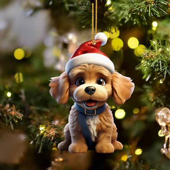 YOHAVEN Christmas Dog Ornament Acrylic Pendant, Small Hanging Decoration for Backpack Car Keychain or Christmas Tree Decor for Holiday Party Gift