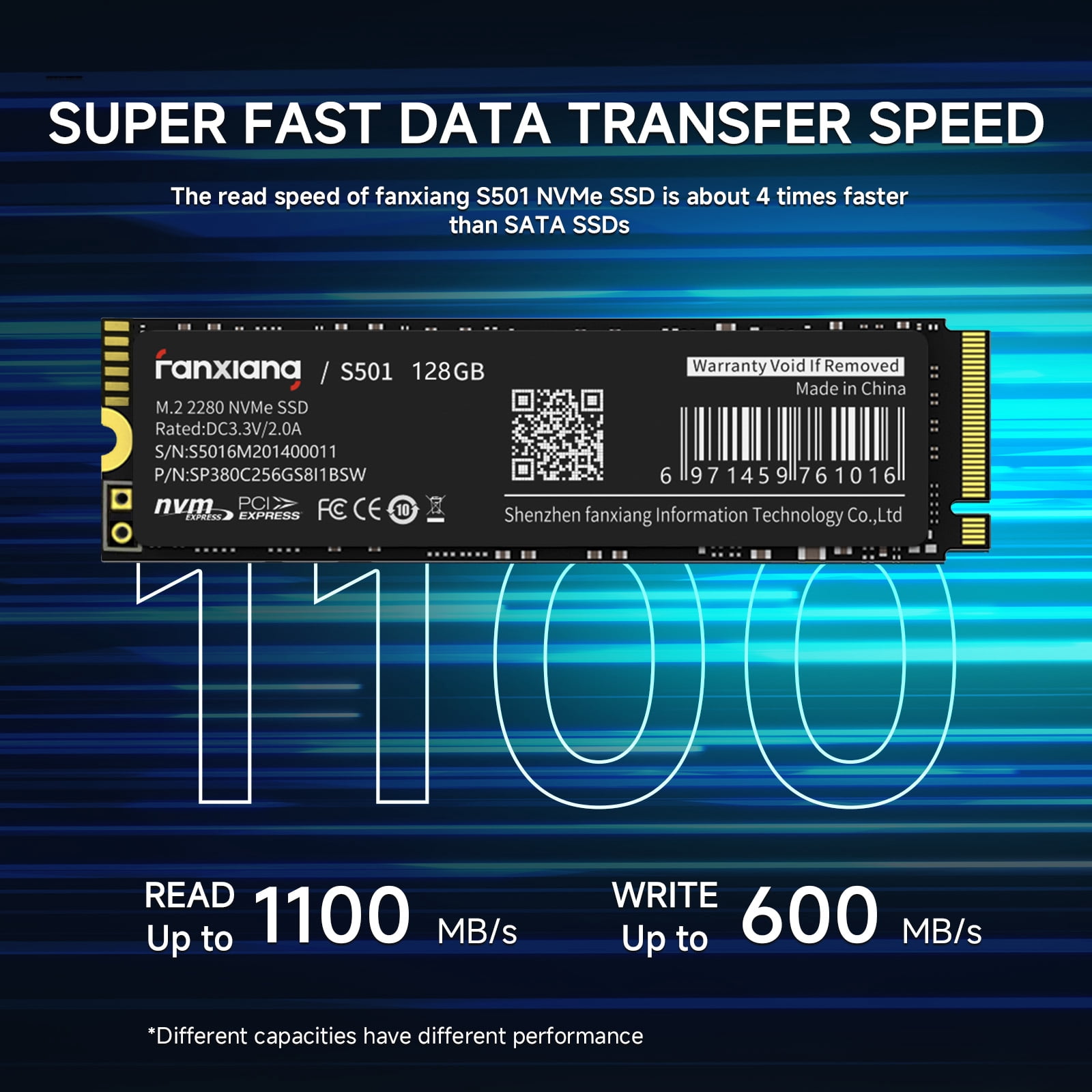 Fanxiang S501 128GB M.2 2280 PCIe Gen3 x4 NVMe SSD, 3D NAND Internal Solid State Drive Up to 1100MB/s for Laptop Desktop