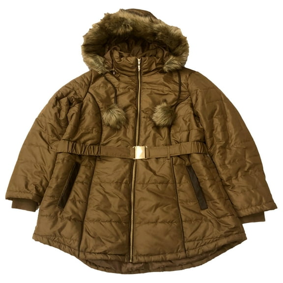 Womens Plus Size Plush Trimmed Quilted Brown Belted Winter Coat 1X