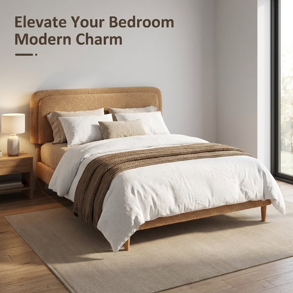 Queen Size Boucle Upholstered Platform Bed Frame, Brown, Adjustable Headboard, Wood Slats, Steel Frame, No Box Spring Needed