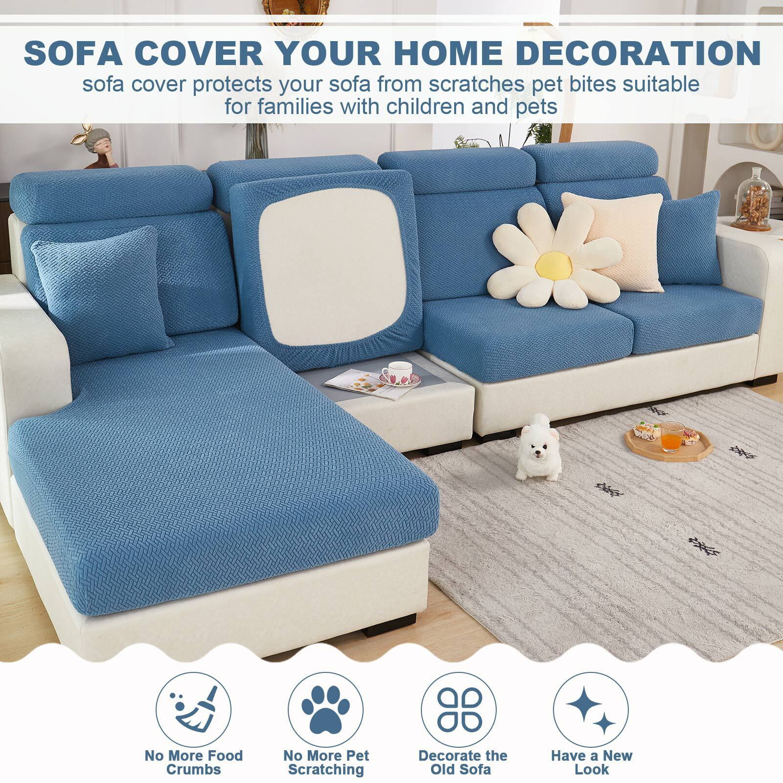  Couch Cushion Covers, Wear-Resistant Universal Sofa Cover 360°  Couch Cusionshion Covers, Replacement Stretch Sofa Slipcover,Anti- Slip  Furniture Protector for Pets (A-Sapphire Blue,M-Cushion Couch) : Home &  Kitchen
