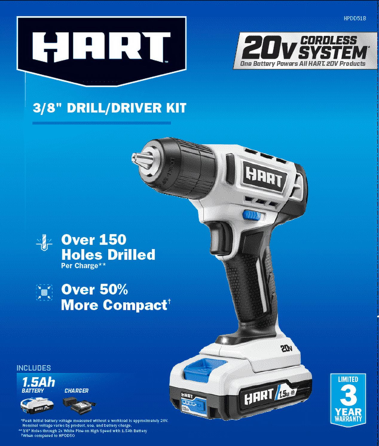 HART 20V 3/8” Drill/Driver Kit with 250 ft-lb Torque, 1.5Ah Lithium-Ion Battery and Charger