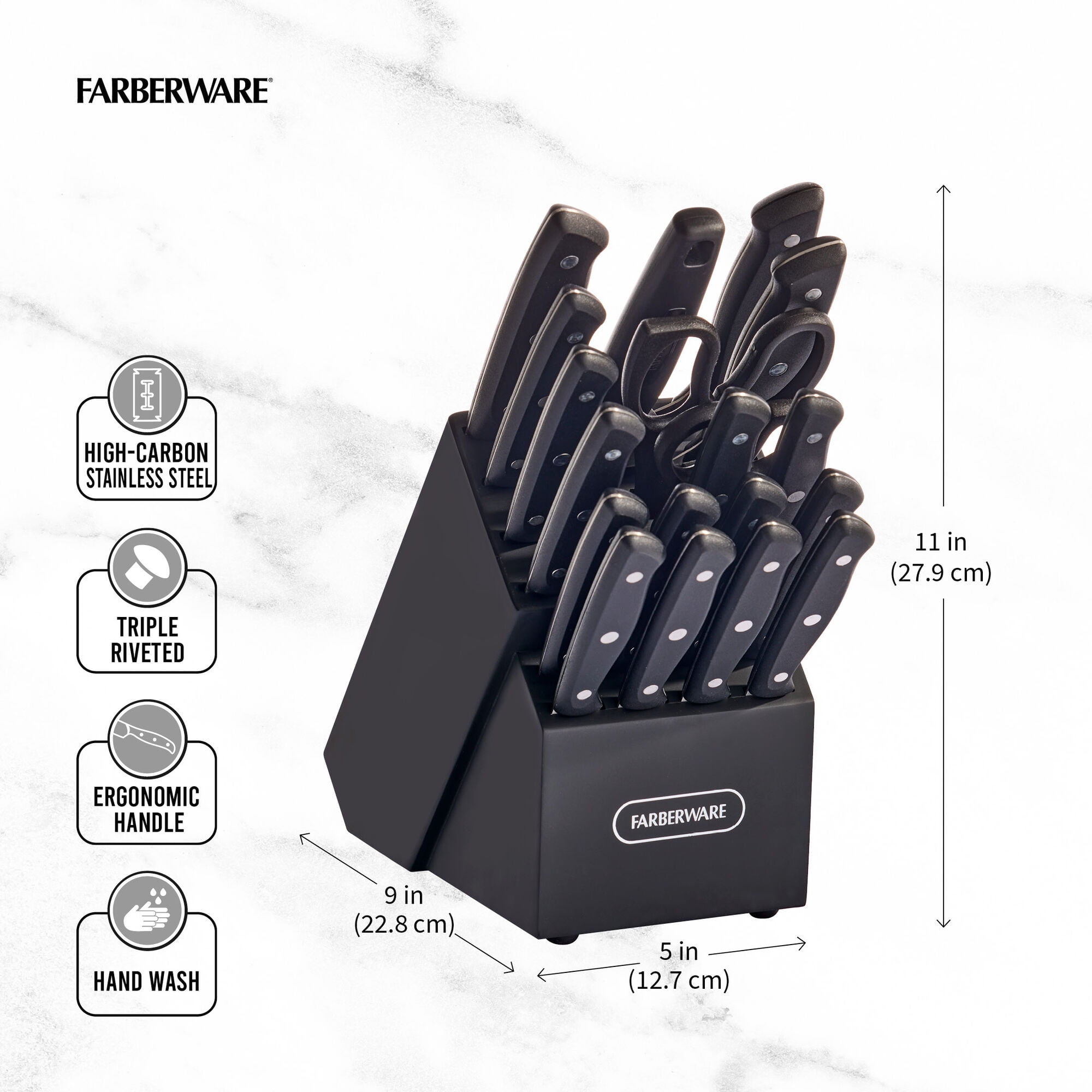 Farberware 20-Piece Triple Riveted Cutlery Knife Block Set with Kitchen Shears, Black