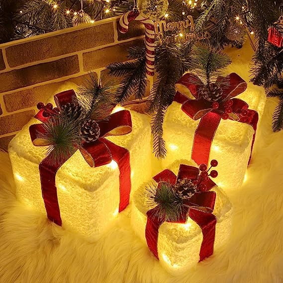 Aship Christmas Lighted Gift Boxes, Set of 3 Plush Snow Present Boxes with 60 Warm White LEDs, 8 Lighting Modes & 6-Hour Timer, Prelit Christmas Decorations for Indoor Outdoor Xmas Trees Yard Home