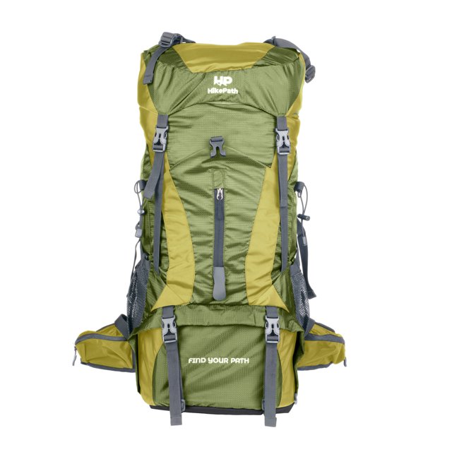 mochila de senderismo 75l (70l+5l) con funda impermeable para viaje y campismo para hombre y mujer con multiples compartimentos color verde frontal centrado; mochila táctica HikePath verde con tapa superior y silueta alta, correas acolchadas y ajustables, hebillas y cinchas grises, bolsillos laterales de malla y bolsillo inferior con cremallera, funda impermeable y compartimentos internos para organización; también suele usarse para trekking, campismo y viajes de aventura.