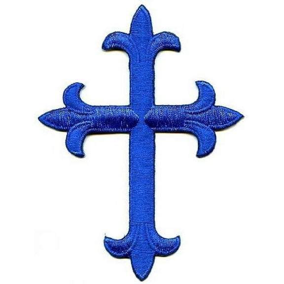 4" Royal Blue Cross - Fleur De Lis - Religious - Iron On Applique/Embroidered Patch