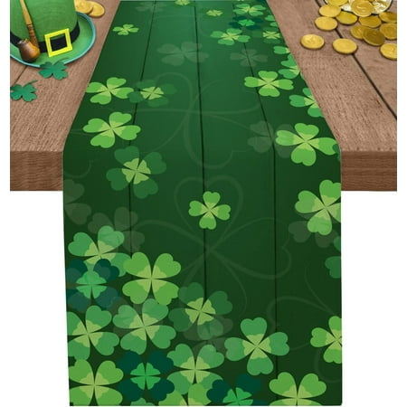 

Shamrock Table Runner 90 Inches Long St. Patricks Day Lucky Shamrocks Green Vintage Wood Grain Rustic Table Runner Dresser Scarves for Dinner Parties Washable Cotton Linen Table Runners 13 x 90