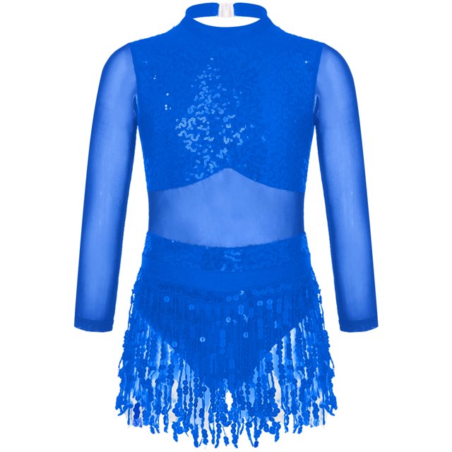 Kaerm Robe de Danse Jazz Latine pour Filles, Découpe à Sequins, Justaucorps à Franges, Bleu Royal 10