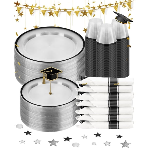 350PCS Clear and Black Disposable Plates Set for 50 Guests, 100 Plastic Plates, 50 Plastic Cups, 50 Pre-Rolled Napkins with Cutlery for Graduation Party, Thanksgiving, Birthday, Halloween