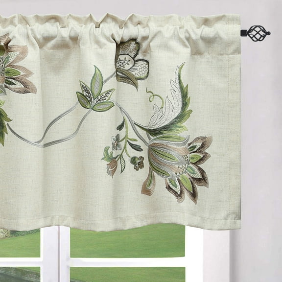VOGOL Embroidered Floral Valances, Linen Light Filtering Kitchen Curtains for Bathroom, Rod Pocket, 52"x 18", One Panel, Green