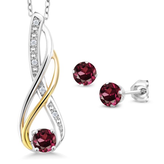Gem Stone King 1.15Ct Rhodolite Garnet Diamond 925 Silver and 10K Yellow Gold Pendant and Earrings Jewelry Set