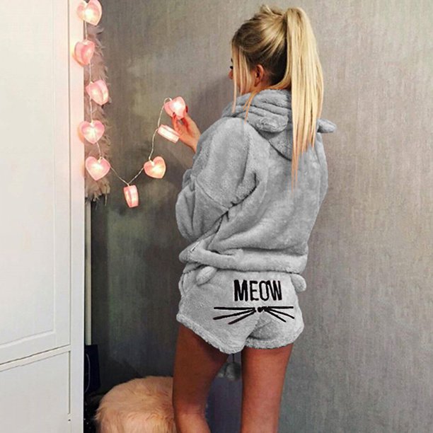 Otoño mujer gato bordado sudaderas con capucha pantalones pijama conjunto Likrtyny Para estrenar