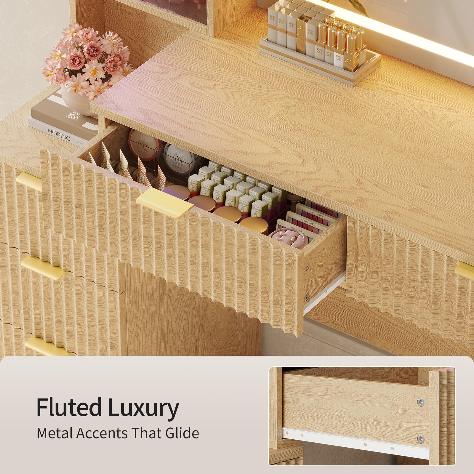 59.1" Fluted Makeup Vanity Desk with Large Mirror and Lights, 8 Drawer Vanity with Power Strip, Sound Sync LED Lights, Shelves, 2 Glass Cabinets，Modern Dressing Table for Bedroom, Oak