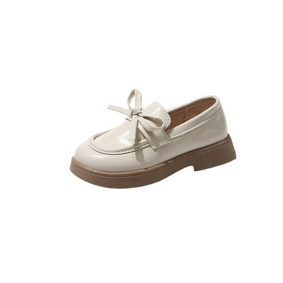 Miluxas Girl's British Style School Uniform Leather Shoes Solid Color Bow Princess Performance Shoes Beige 26(26)