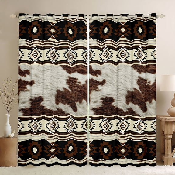 Erosebridal Brown Cow Print Black Out Curtains, Rustic Farmhouse Curtains Pack of 2 (42x63 Each), Beige Aztec Decor