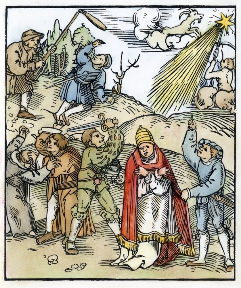 Germany Peasants War. Npeasants Fighting Monks And The Pope. Woodcut