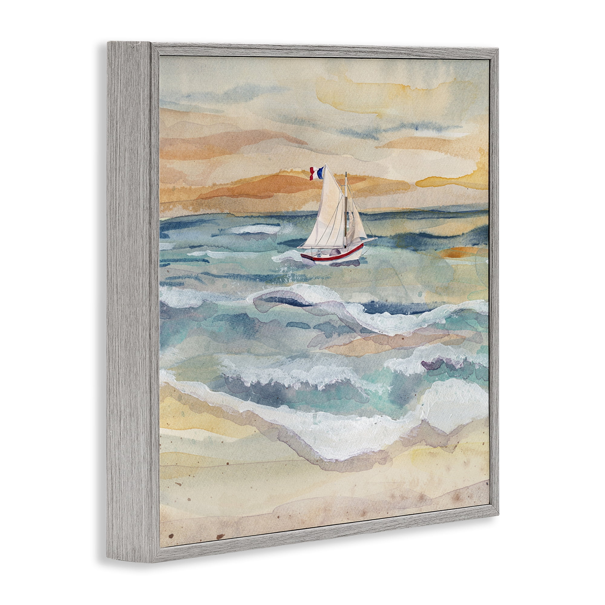 Stupell Industries Watercolor Boat Beach View Transportation Painting Gray Framed Art Print Wall Art, 17 x 17