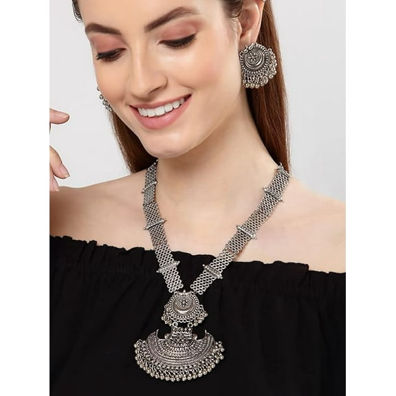 Fashion Latest Stylish Design Fancy Oxidised Silver Afghani Chain Pendant Earrings Necklace Jewellery Set for Women