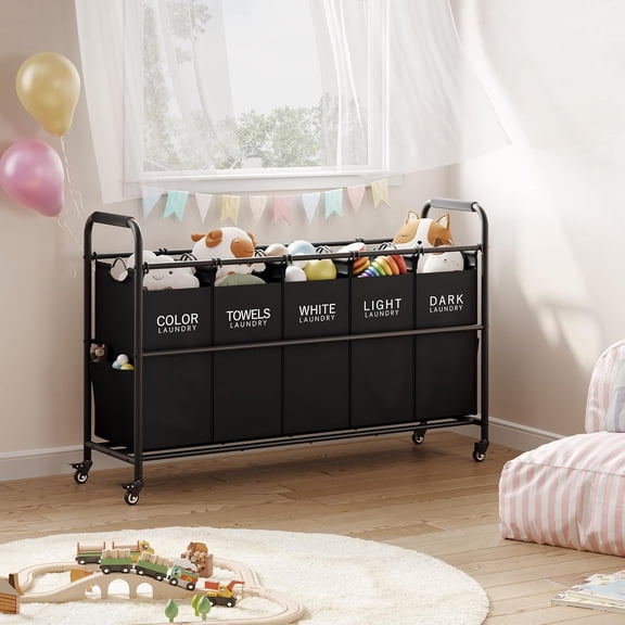 5 Bag Laundry Sorter Cart with Heavy Duty Rolling Lockable Wheels and Removable Bags for Dirty Clothes Storage, Black